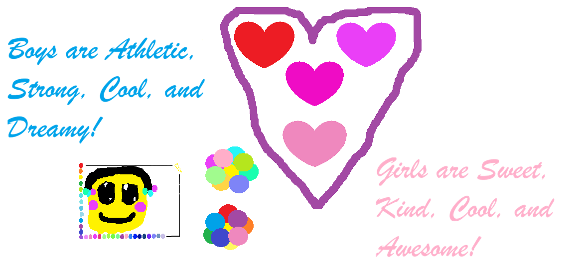 A happy yellow smiley face, two colorful flowers, a rainbow paint palette, a big purple heart holding four smaller hearts, and the words 'Boys are Athletic, Strong, Cool, and Dreamy!' and 'Girls are Sweet, Kind, Cool, and Awesome!' — digital drawing made by Aahana in Paint