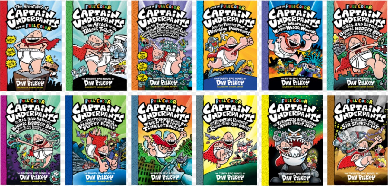 All 12 Captain Underpants books by Dav Pilkey, from The Adventures of Captain Underpants to The Sensational Saga of Sir Stinks-A-Lot