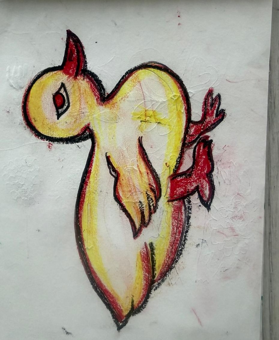 A red and yellow firebird — oil pastel drawing by Aahana