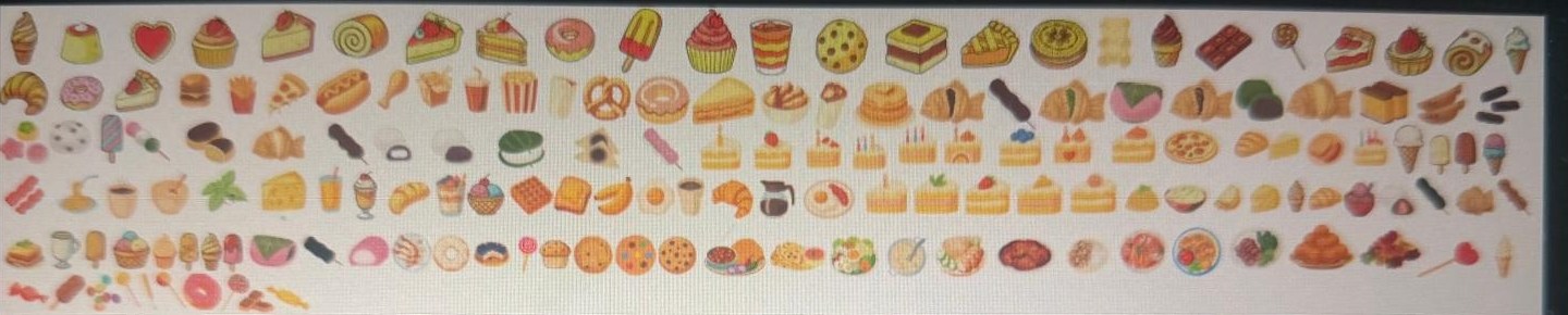 A huge colorful collage of hundreds of food stickers — desserts, cakes, snacks, fruits, and treats — digital art made by Aahana on Canva