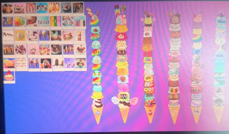 A grid of colorful ice cream photos plus six tall towers of stacked rainbow ice cream scoops on cones over a bright pink background — digital art made by Aahana on Canva