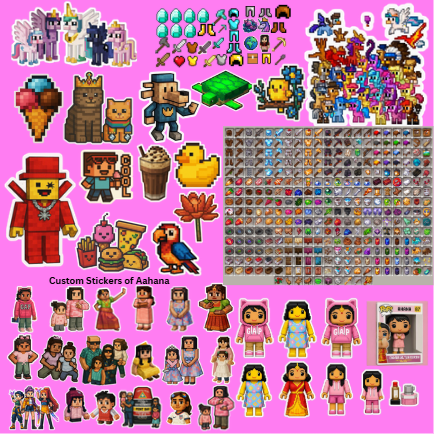 A pink wall covered in custom pixel stickers: ponies, an ice cream cone, two cats, game items, a turtle, a duck, a parrot, snacks, and many cartoon stickers of Aahana.