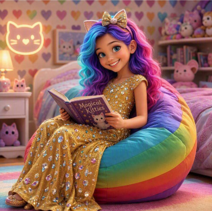 A girl with rainbow wavy hair and a sparkly gold dress reading a book called Magical Kitties on a rainbow beanbag in a cozy pink room.