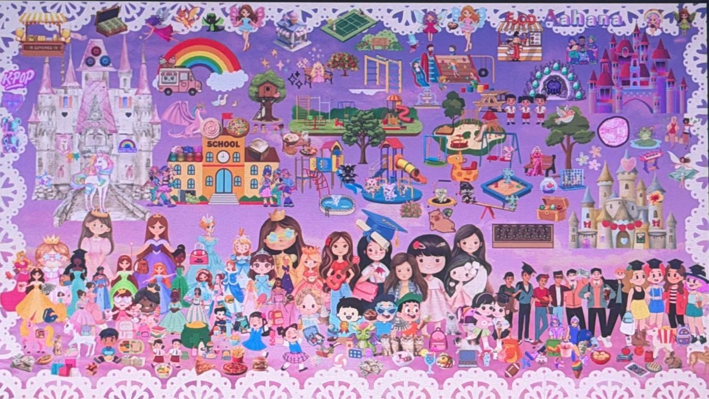 A magical pink world with princess castles, a rainbow, unicorns, and lots of characters — digital art made by Aahana on Canva