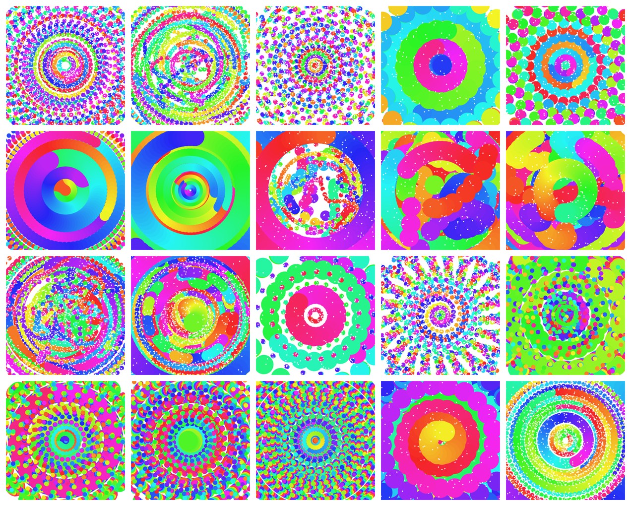 A colorful grid collage of many different swirling rainbow spin-art designs — a whole collection of digital spin art made by Aahana in the Fun Zone