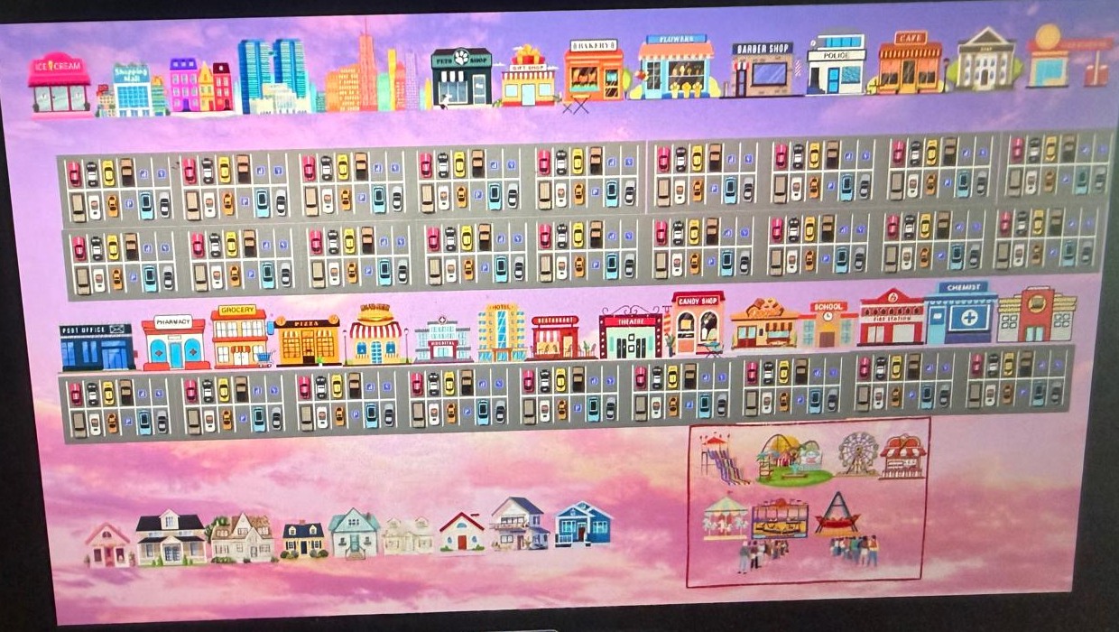 A tiny pixel-art town in the clouds with shops, houses, parking, and a little fairground — digital art made by Aahana on Canva
